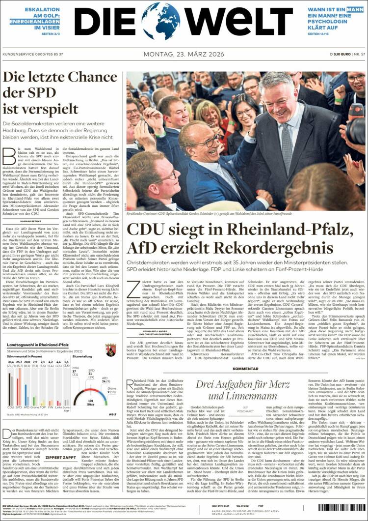Portada de Die Welt (Alemania)