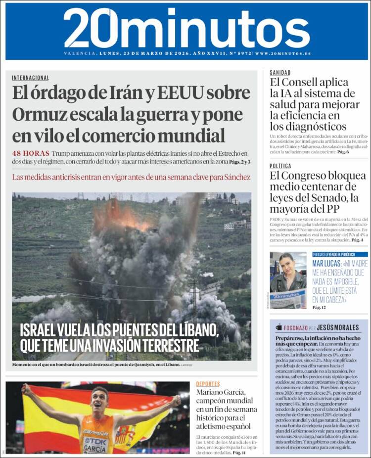 Portada de 20 Minutos - Valencia (Espa&ntilde;a)