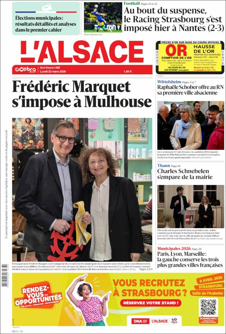 Portada de Journal L'Alsace (Francia)