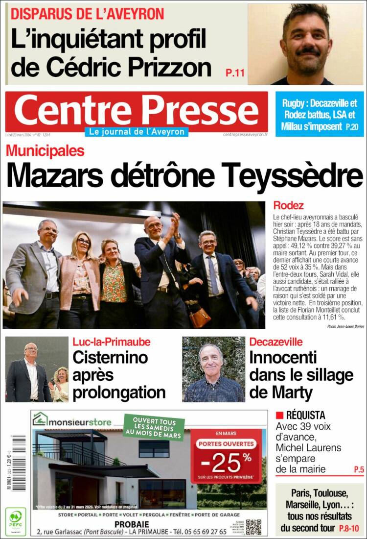 Portada de Centre Presse (Francia)