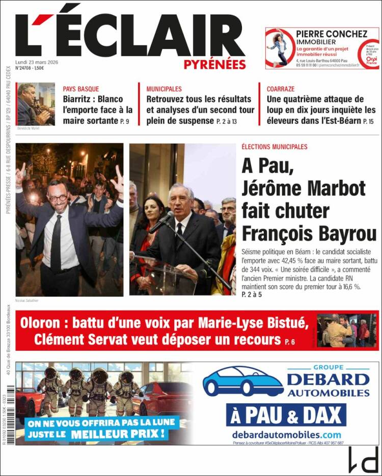 Portada de L'Eclair des Pyrénées (Francia)