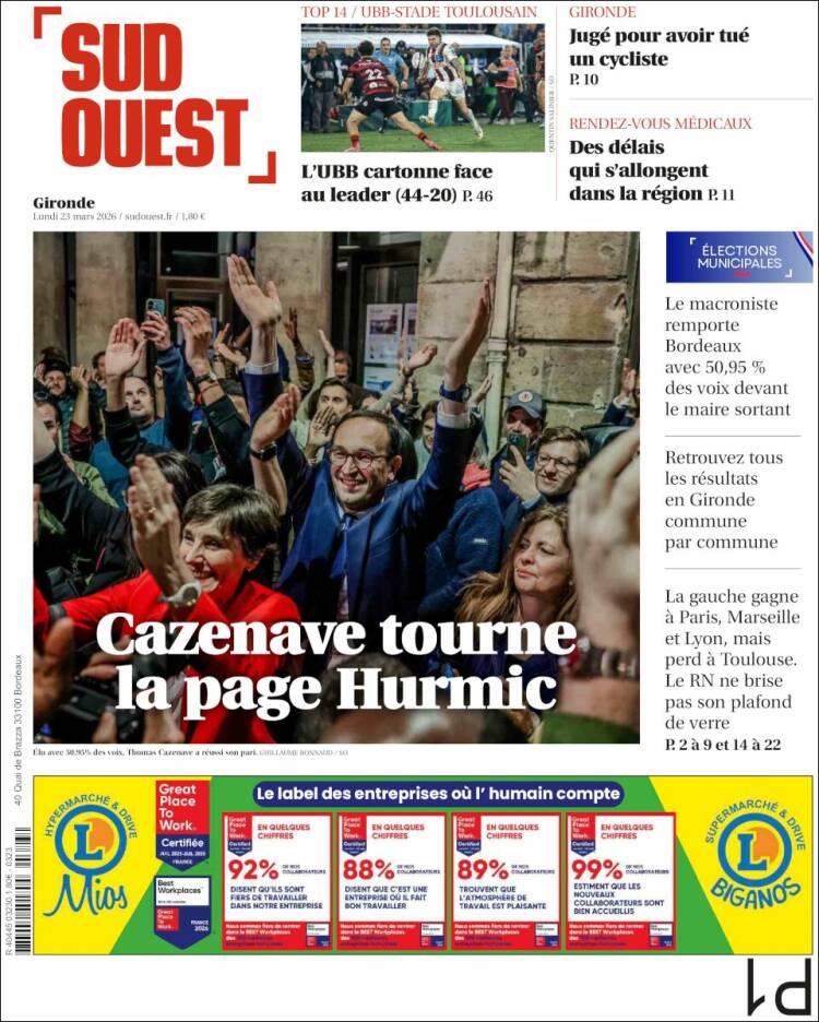 Portada de Sud Ouest (Francia)