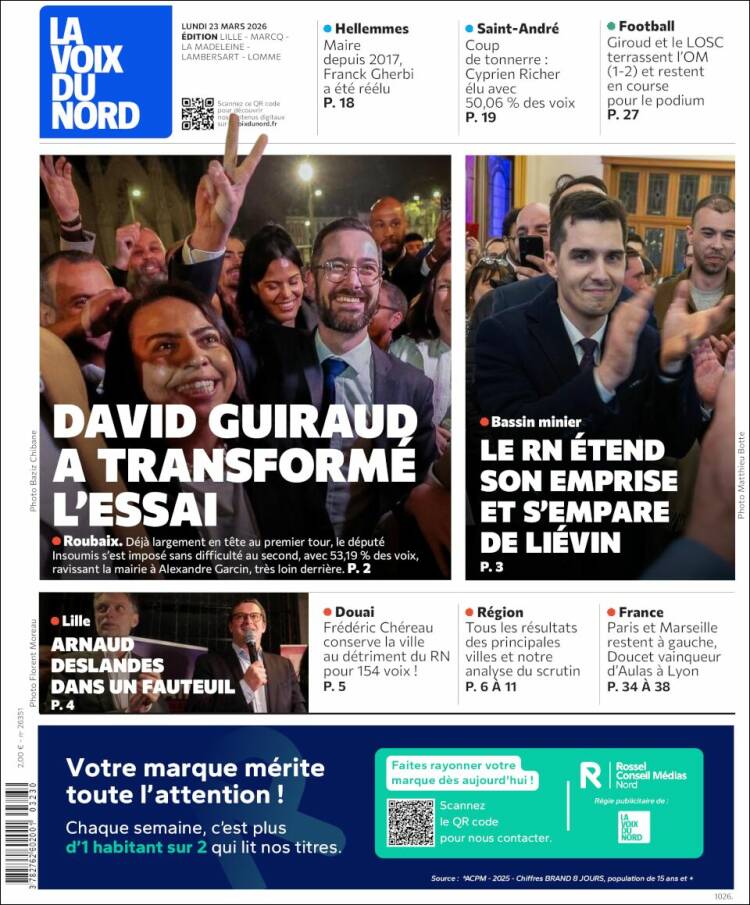 Portada de La Voix du Nord (Francia)