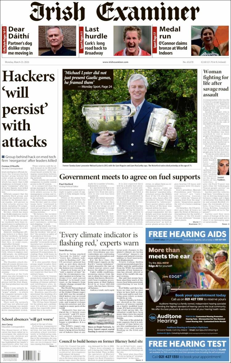 Portada de Irish Examiner (Irlanda)