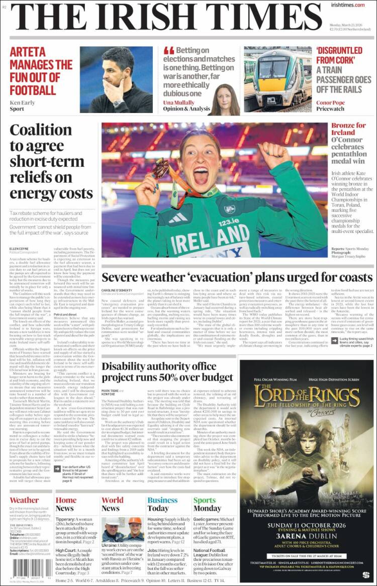 Portada de Irish Times (Irlanda)