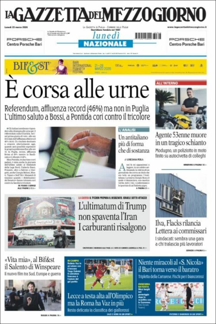 Portada de La Gazzetta del Mezzogiorno (Italia)