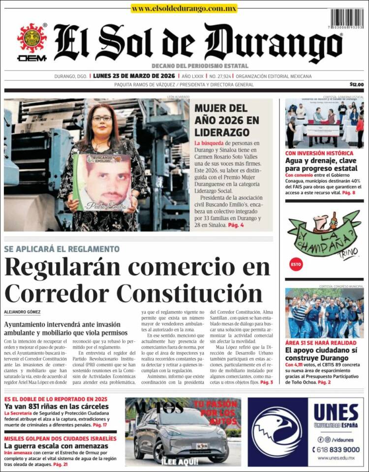 Portada de El Sol de Durango (M&eacute;xico)