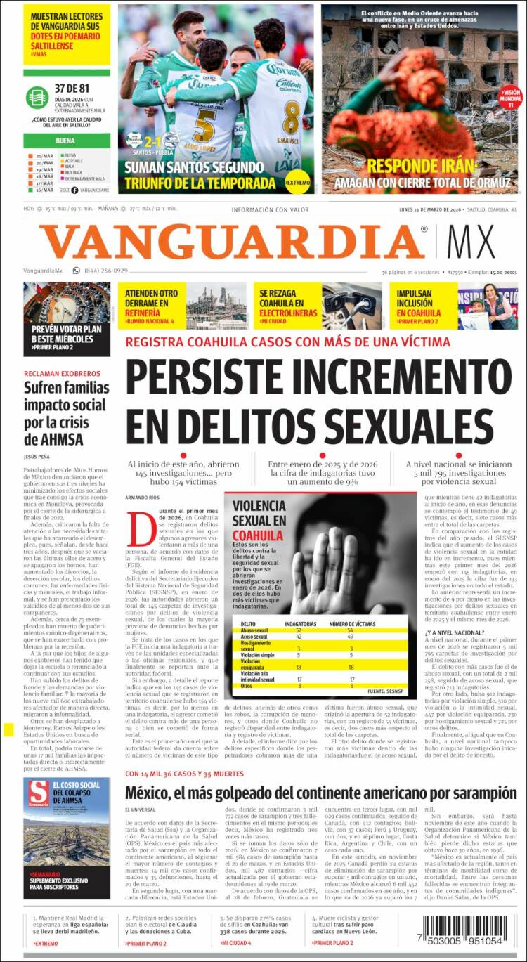 Portada de Vanguardia (M&eacute;xico)