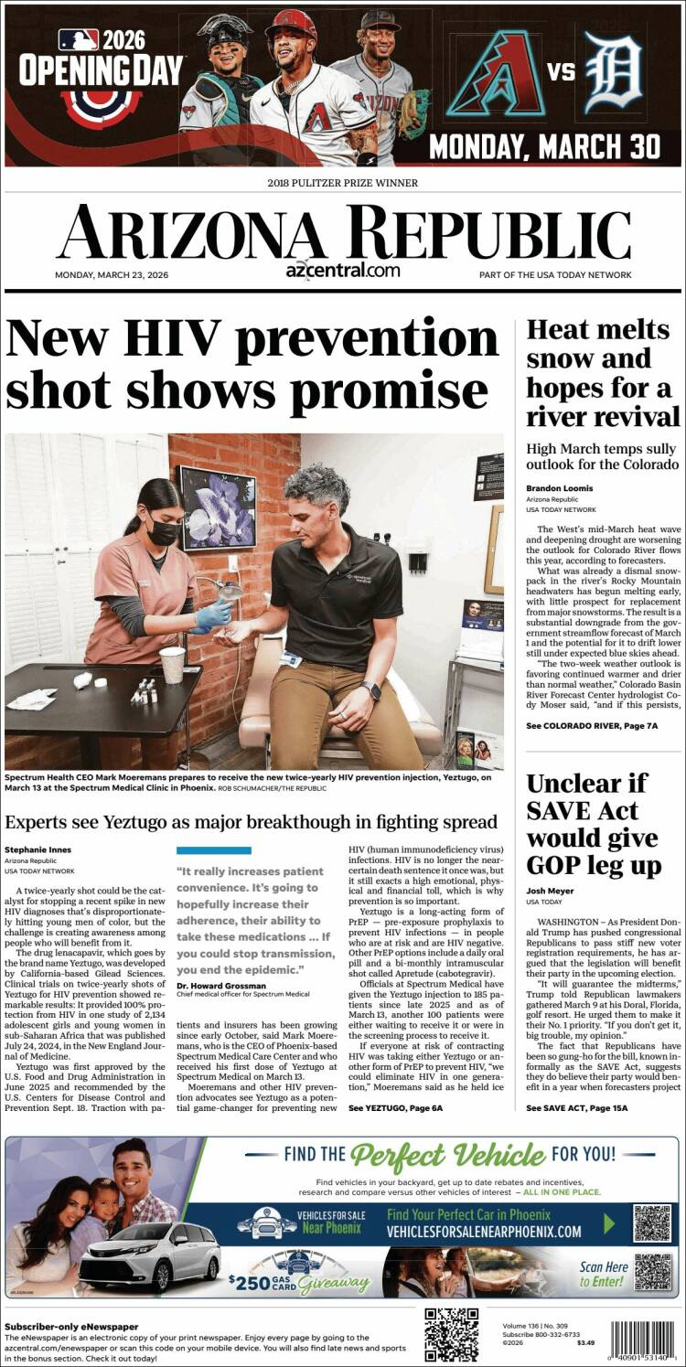 Portada de Arizona Republic News (USA)