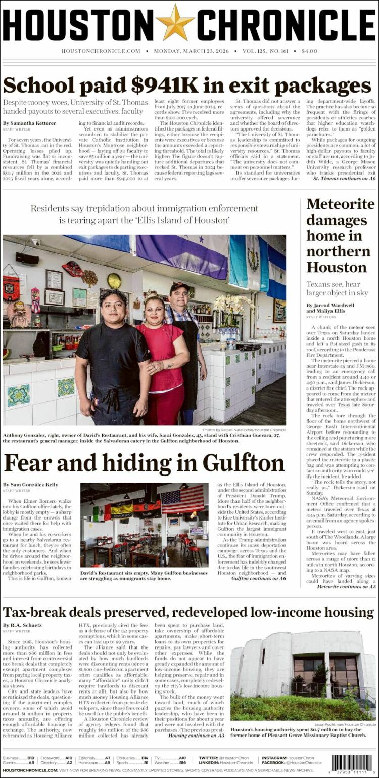 Portada de Houston Chronicle (USA)