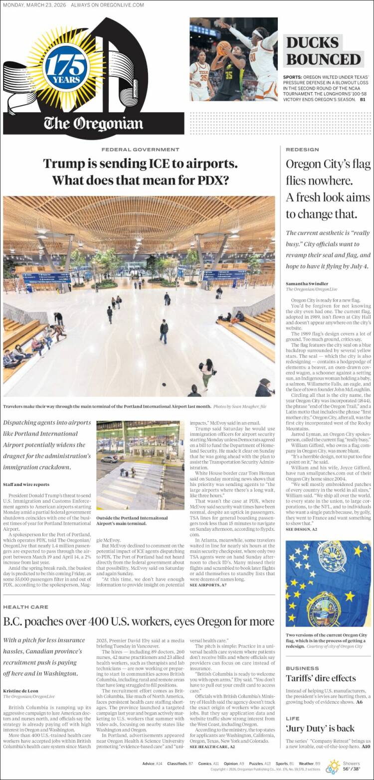 Portada de The Oregonian (USA)