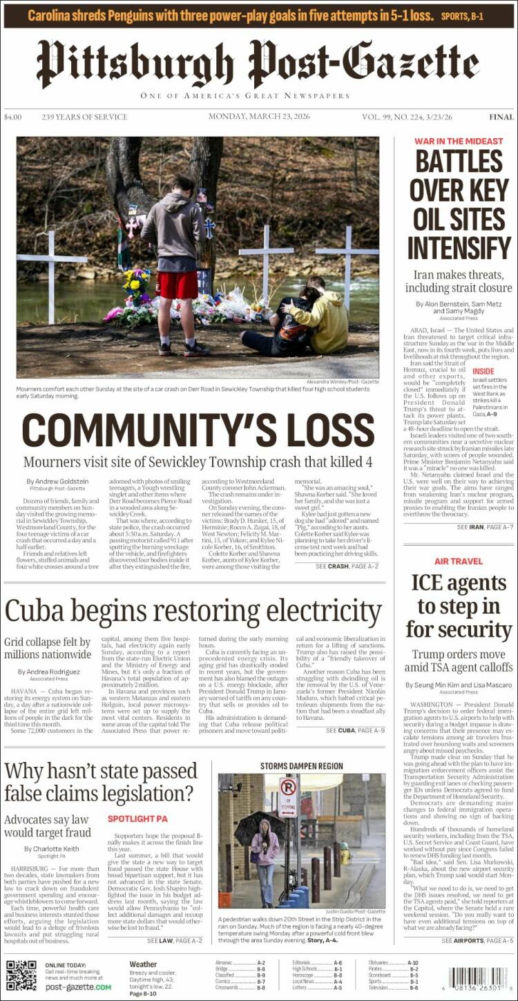 Portada de Pittsburgh Post-Gazette (USA)