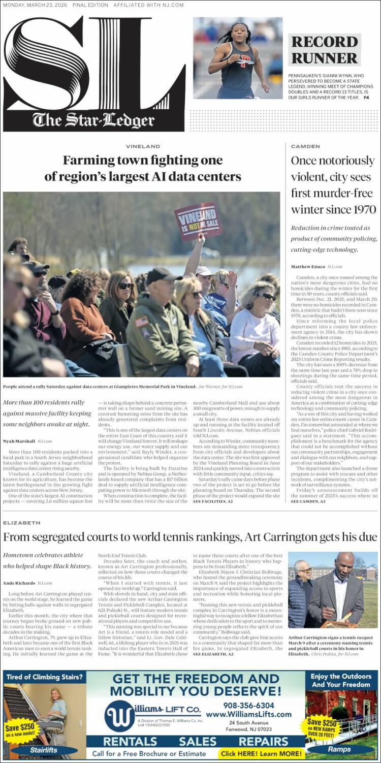 Portada de Star-Ledger (USA)