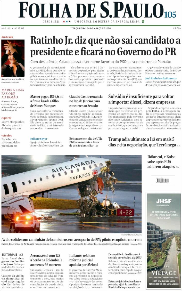 Portada de Folha de São Paulo (Brasil)