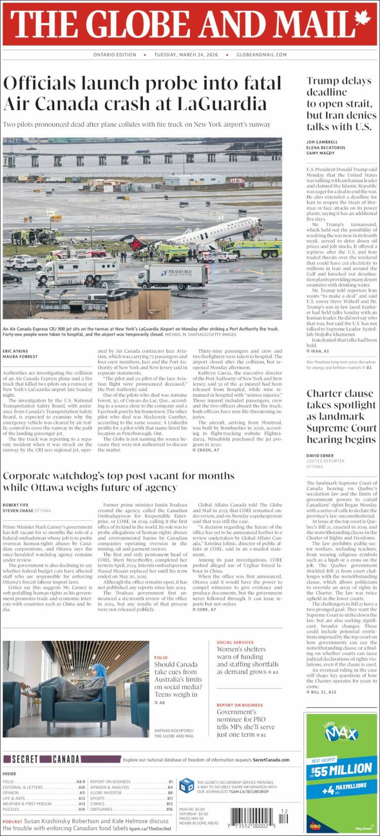 Portada de The Globe and Mail (Canad&aacute;)