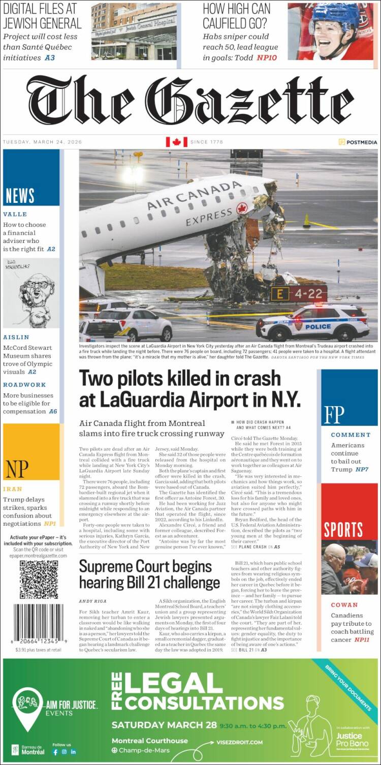 Portada de The Gazette (Canad&aacute;)