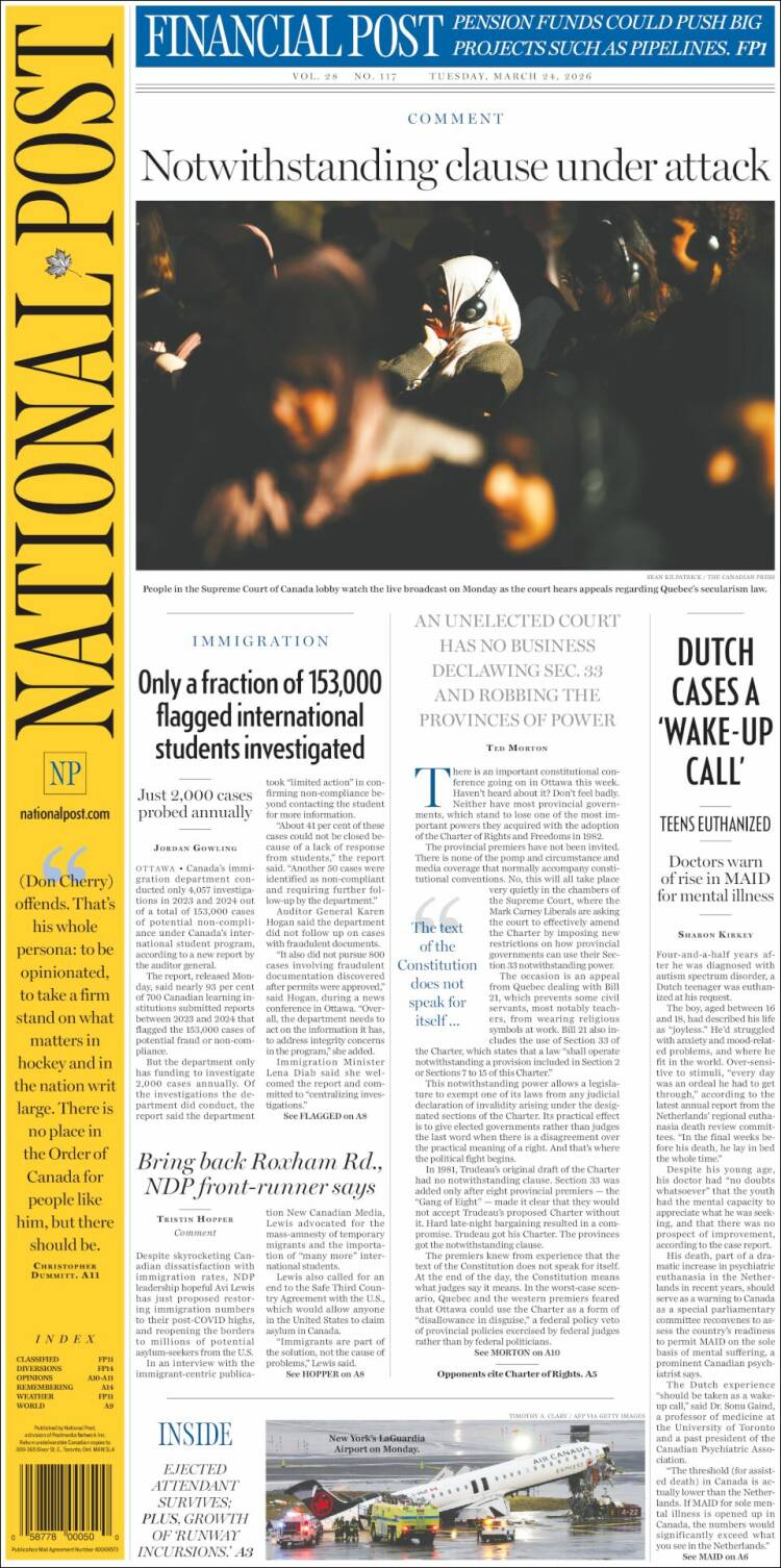 Portada de The National Post (Canad&aacute;)