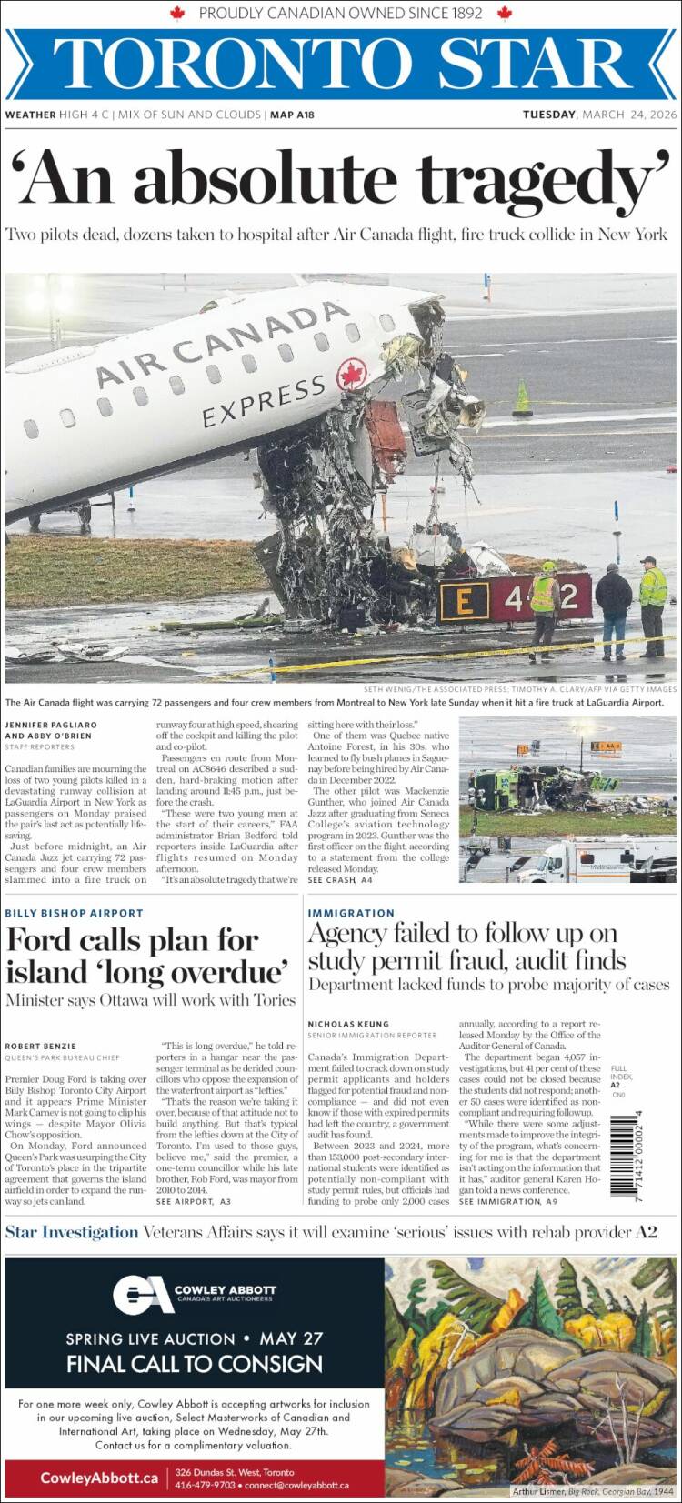 Portada de The Toronto Star (Canad&aacute;)