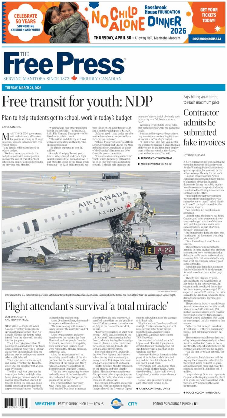 Portada de Winnipeg Free Press (Canad&aacute;)