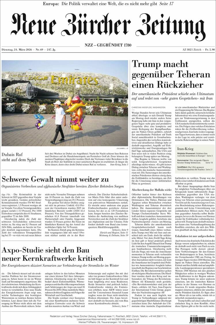 Portada de Neue Zürcher Zeitung (Suiza)