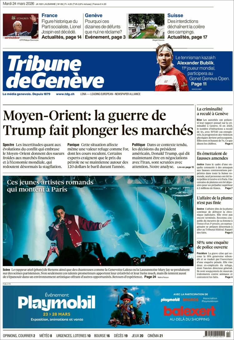 Portada de La Tribune de Genève (Suiza)