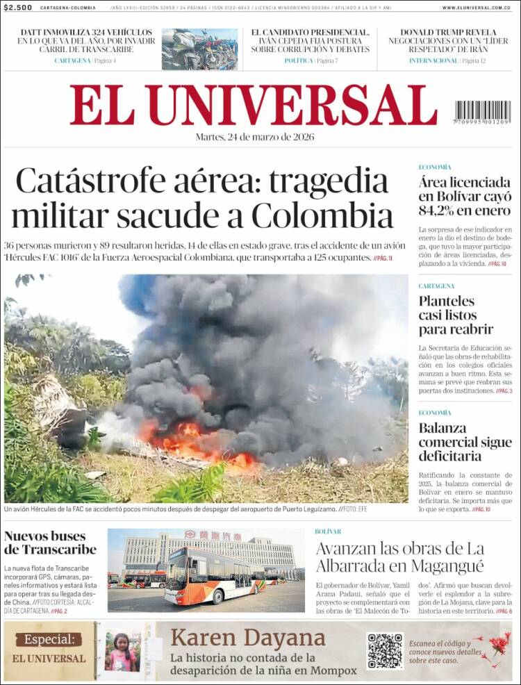 Portada de El Universal (Colombia)