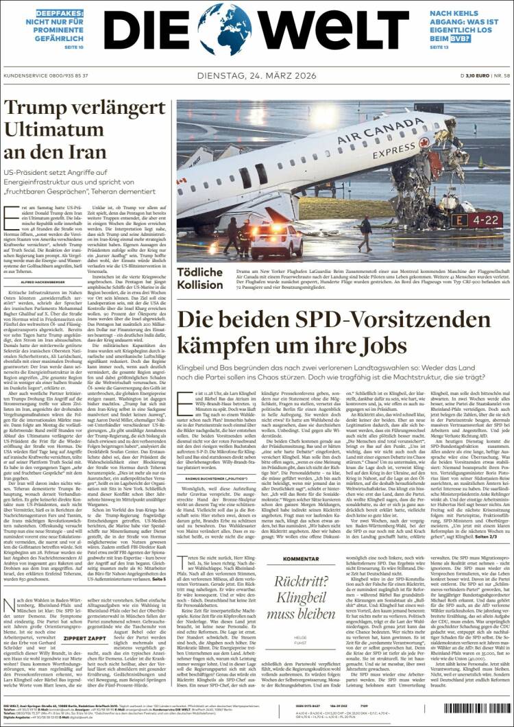 Portada de Die Welt (Alemania)