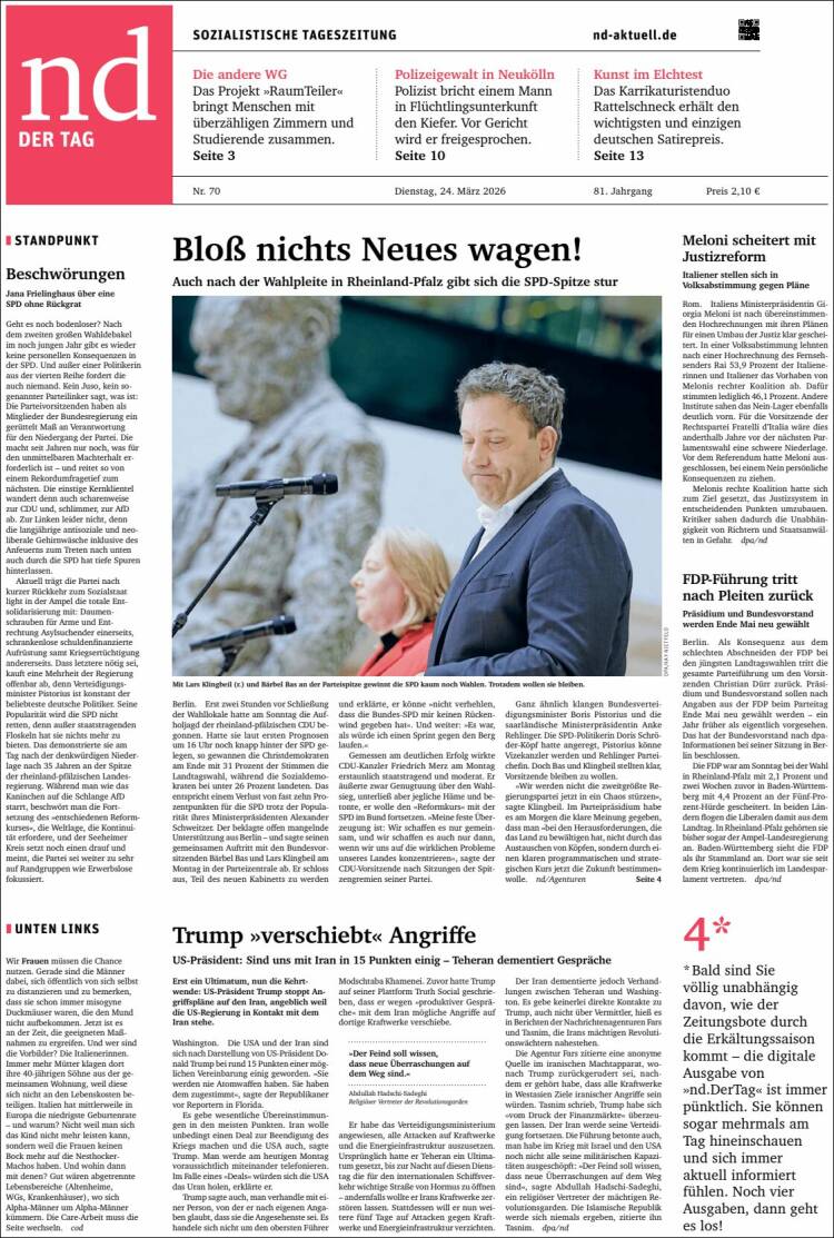 Portada de Neues Deutschland (Alemania)