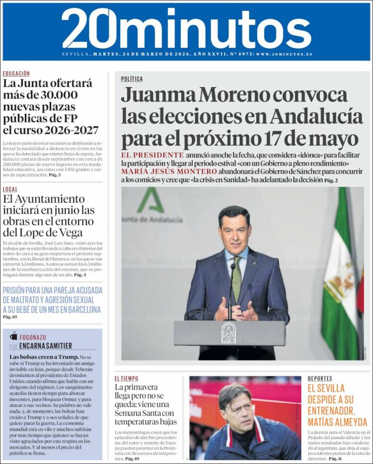 Portada de 20 Minutos - Sevilla (Espa&ntilde;a)