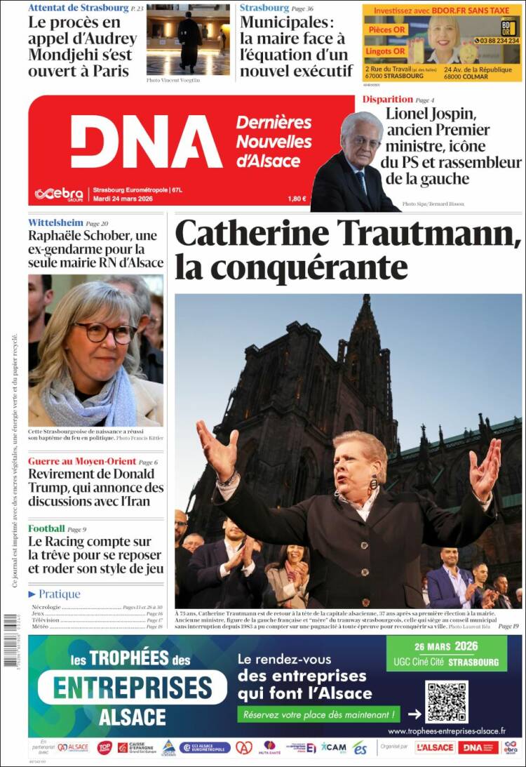 Portada de Les Dernières Nouvelles d'Alsace (Francia)