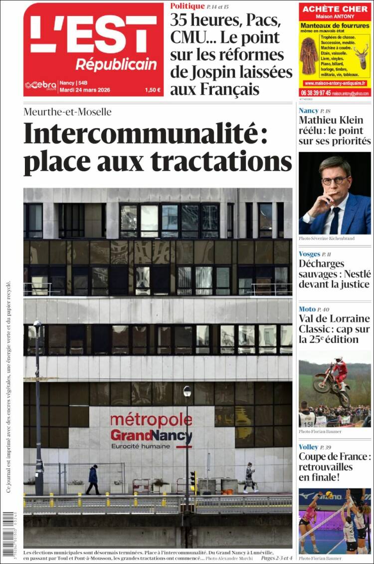 Portada de L'Est Republicain (Francia)