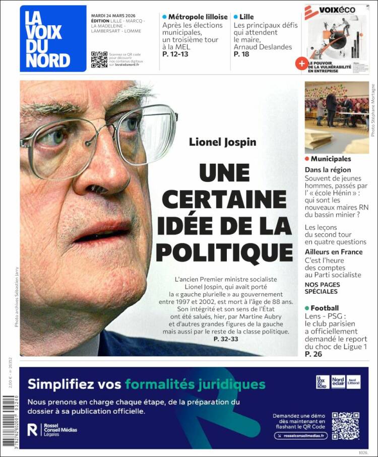 Portada de La Voix du Nord (Francia)