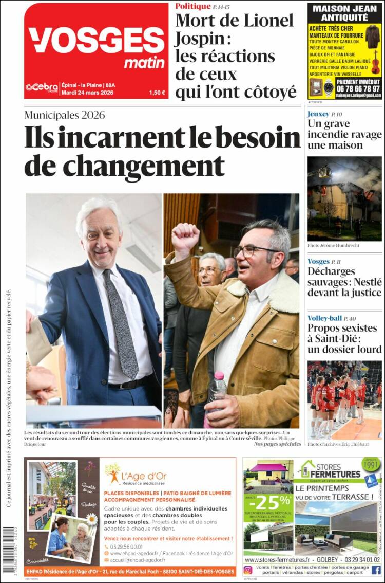 Portada de Vosges Matin (Francia)