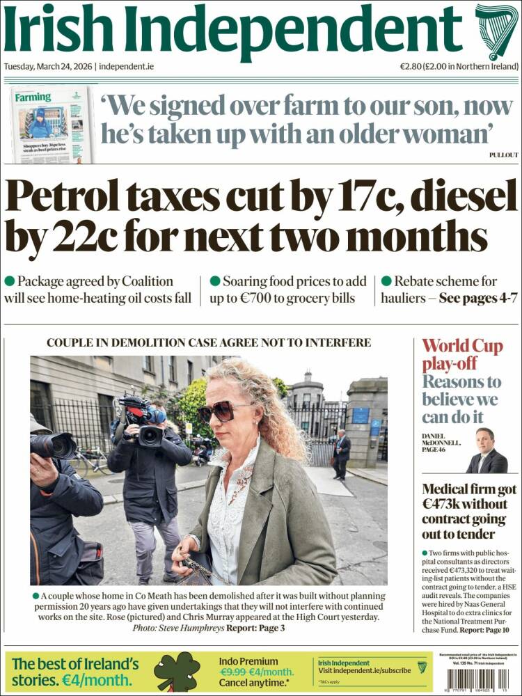 Portada de Irish Independent (Irlanda)