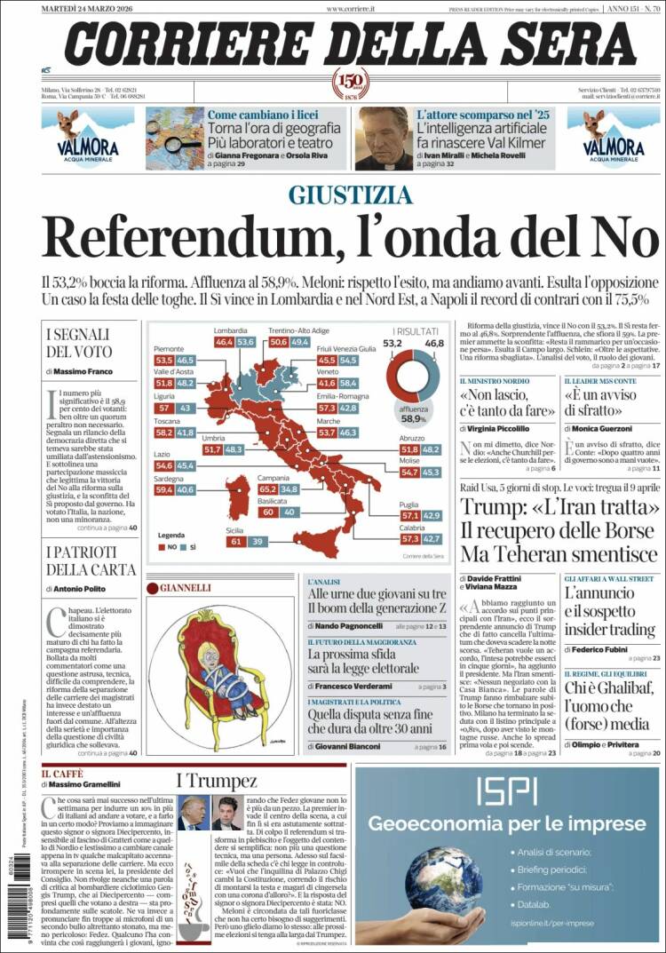 Portada de Corriere della Sera (Italia)