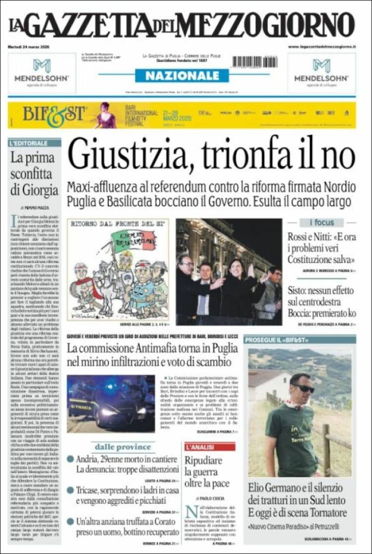 Portada de La Gazzetta del Mezzogiorno (Italia)