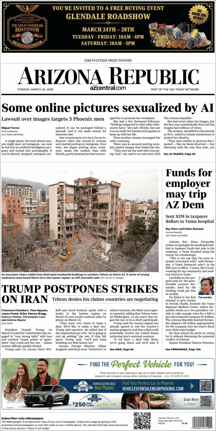 Portada de Arizona Republic News (USA)