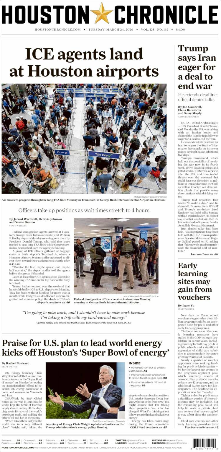 Portada de Houston Chronicle (USA)