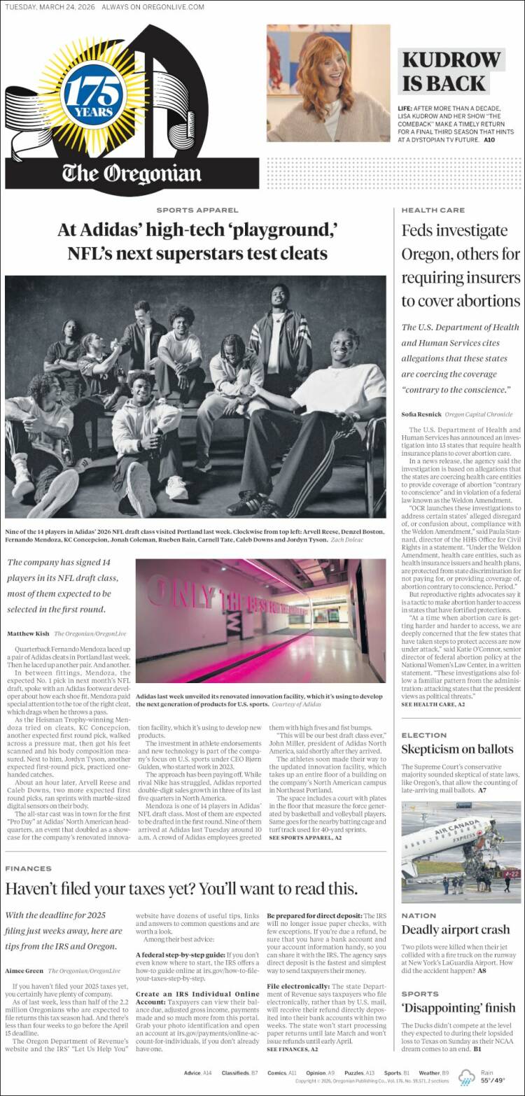 Portada de The Oregonian (USA)