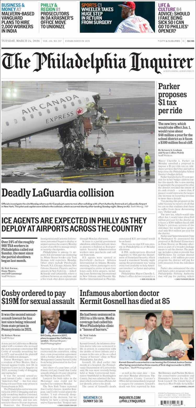 Portada de Philadelphia Inquirer (USA)