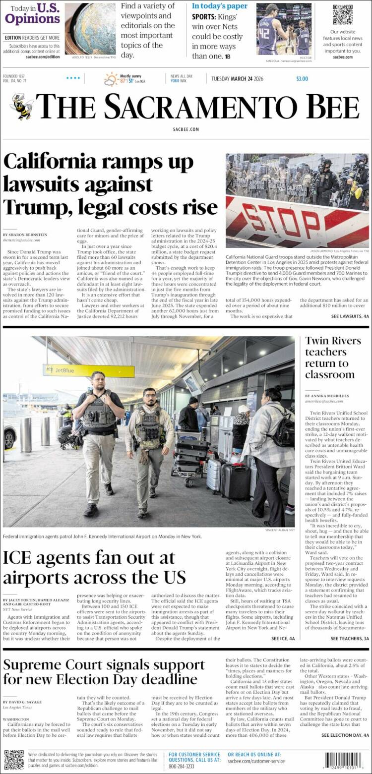 Portada de The Sacramento Bee (USA)