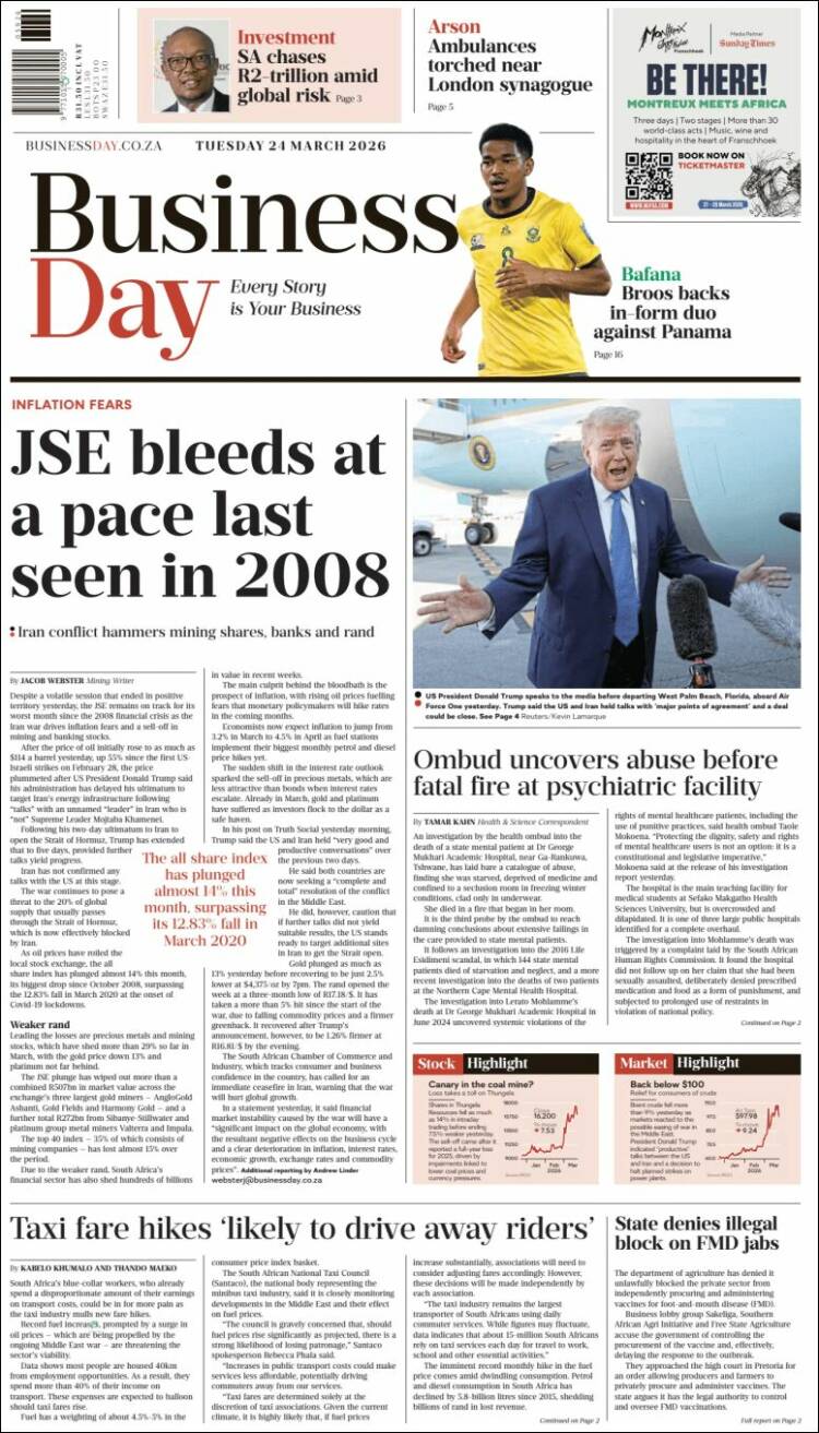 Portada de Business Day (Sud&aacute;frica)