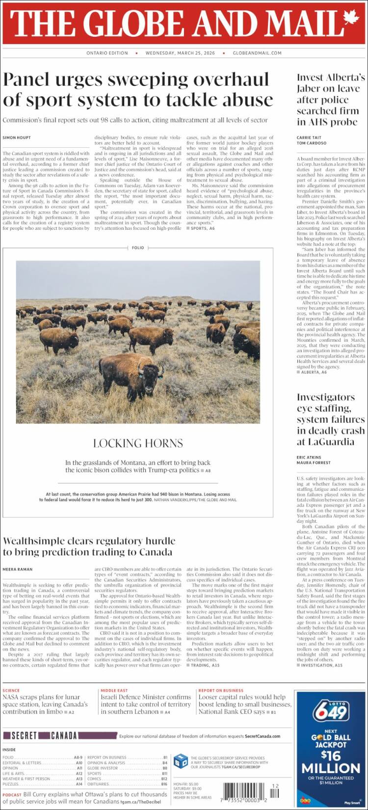 Portada de The Globe and Mail (Canad&aacute;)