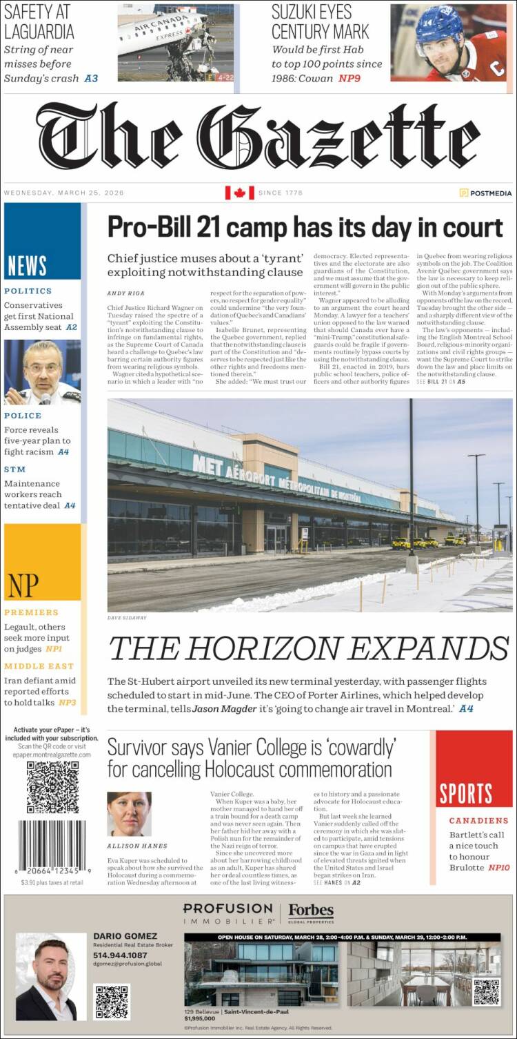 Portada de The Gazette (Canad&aacute;)