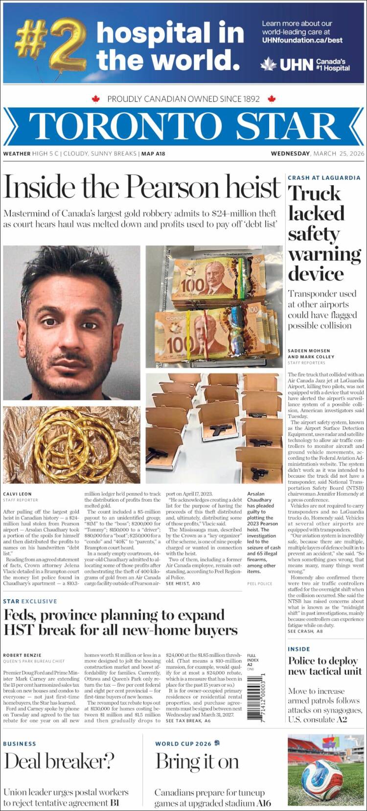 Portada de The Toronto Star (Canad&aacute;)