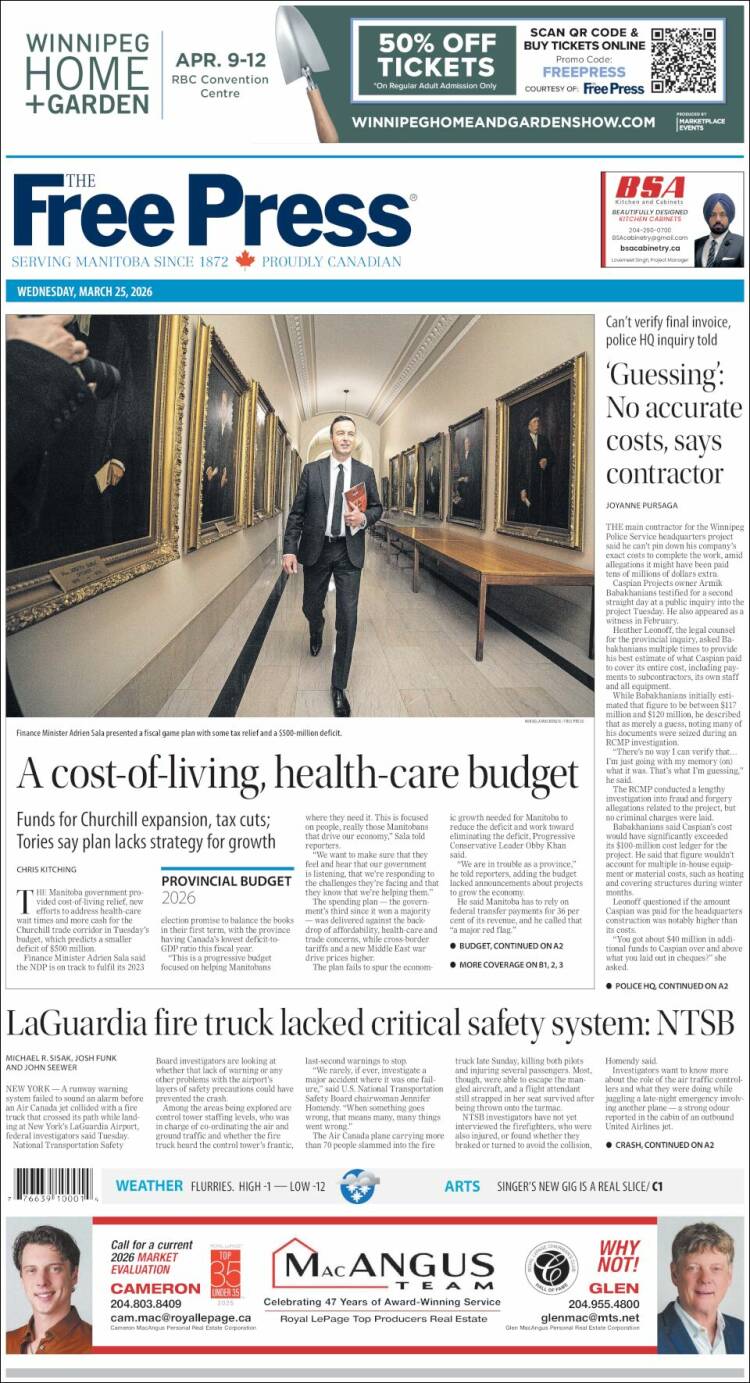 Portada de Winnipeg Free Press (Canad&aacute;)