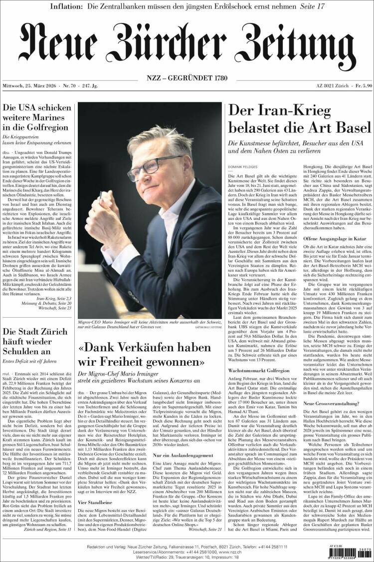 Portada de Neue Zürcher Zeitung (Suiza)