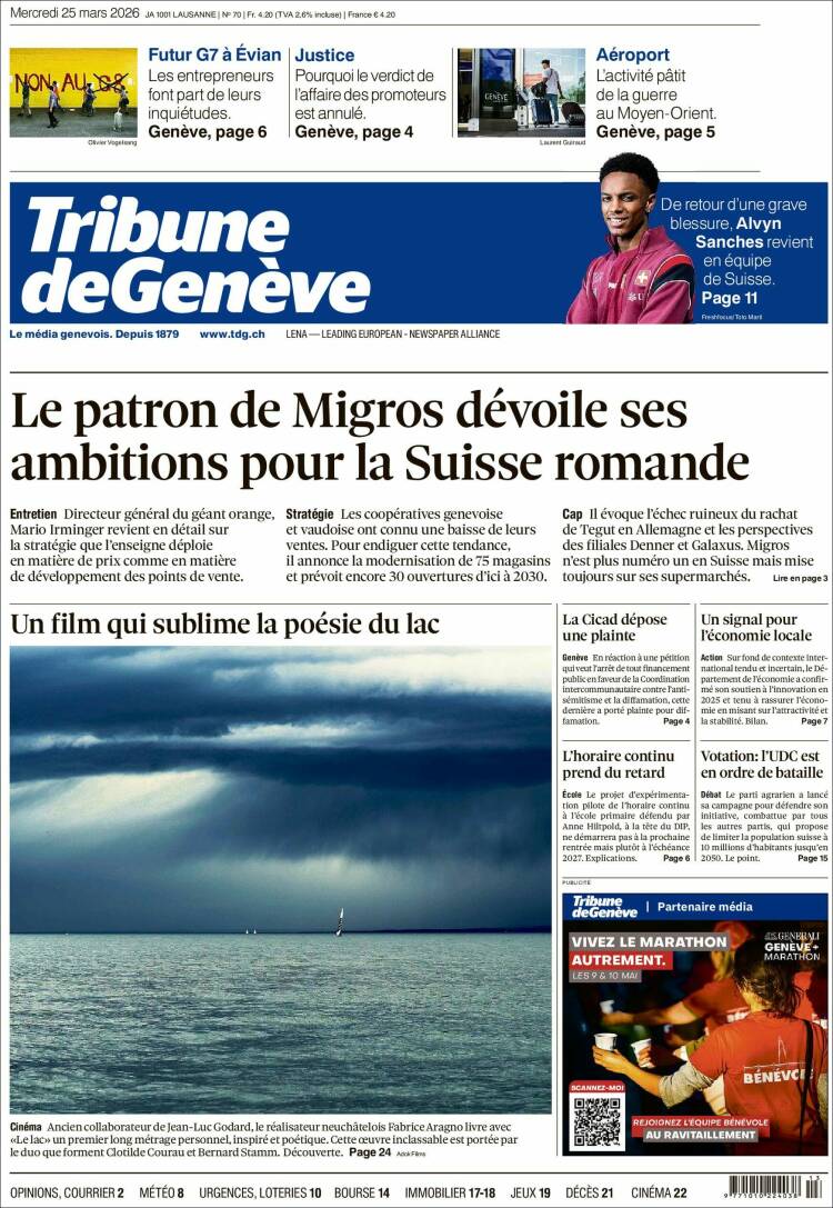 Portada de La Tribune de Genève (Suiza)