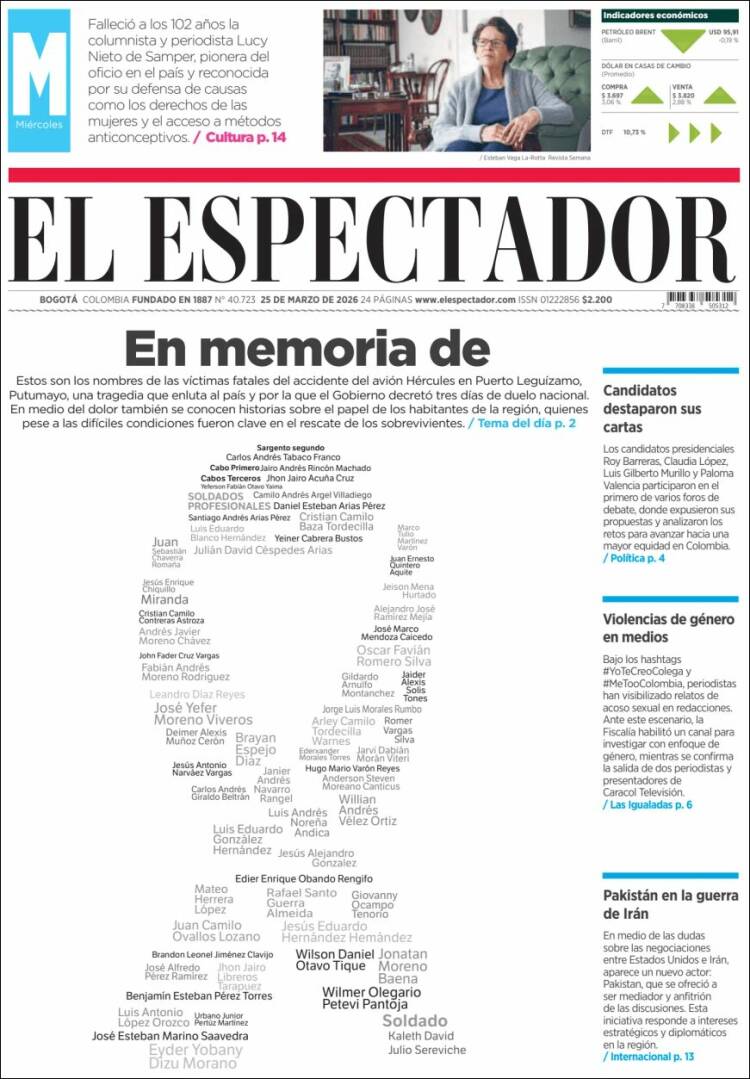 Portada de El Espectador (Colombia)