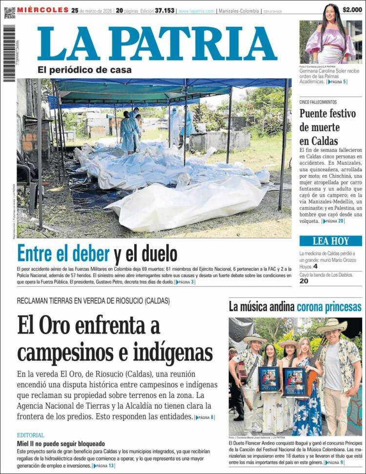 Portada de La Patria (Colombia)